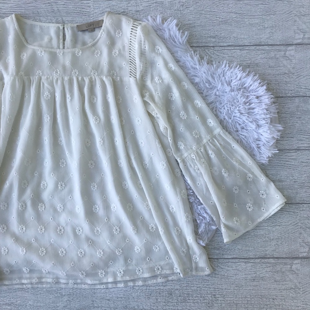 LOFT White Lace Embroidered Bell Sleeved Blouse